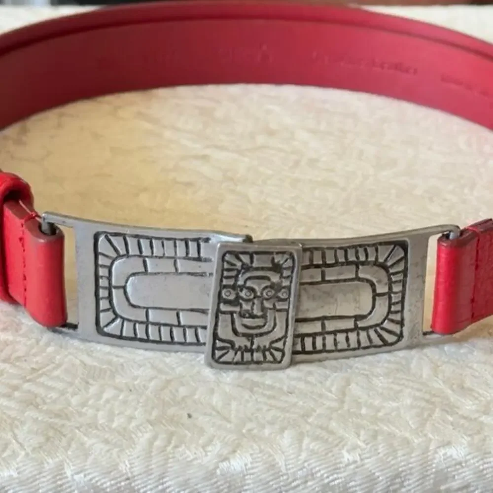 Vintage Cherry Red Leather Belt Pewter Buckle Aztec Mexican Adjustable 22-33”
